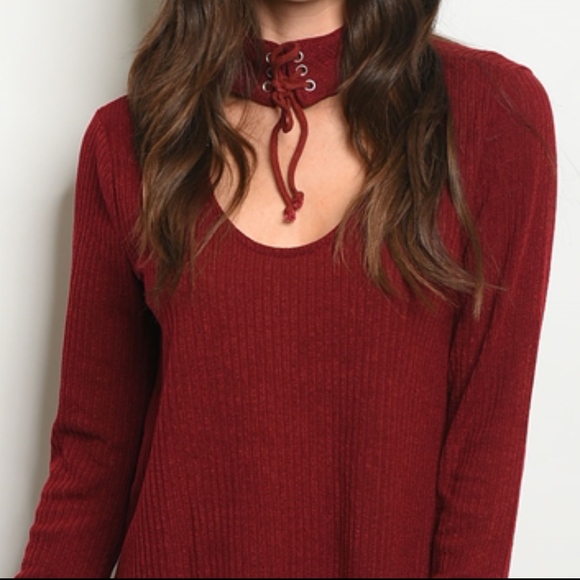 LAST 1! SMALL! RED WINE CHOKER RIBBED KNIT TOP - Picture 2 of 3